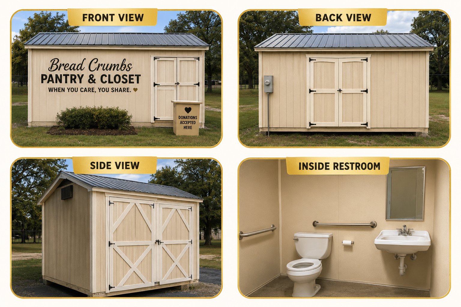 Breadcrumbs pantry: front, back, side, and inside restroom views