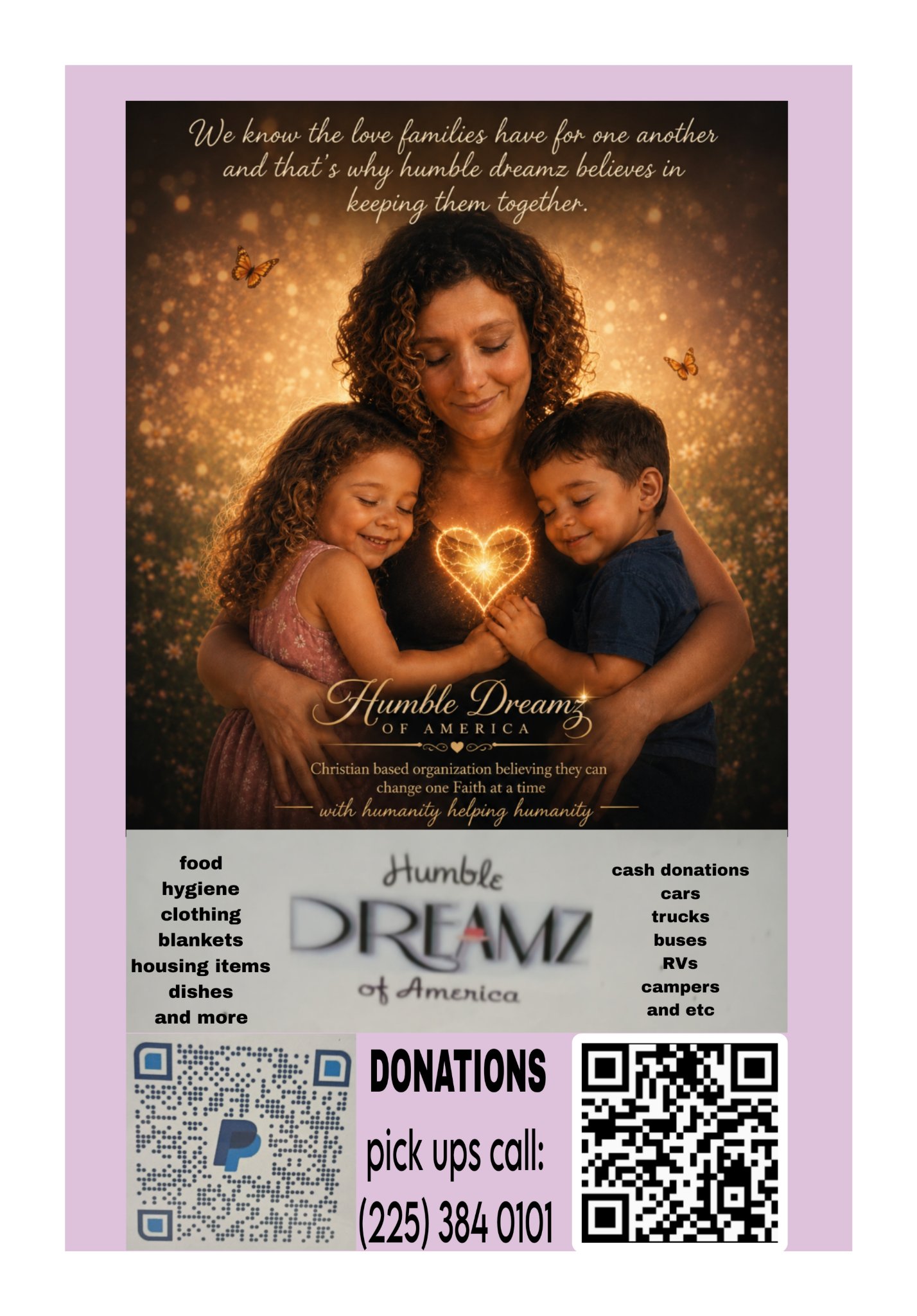Humble Dreamz of America donation flyer — food, hygiene, clothing, blankets and more; donations pickup call 225-384-0101